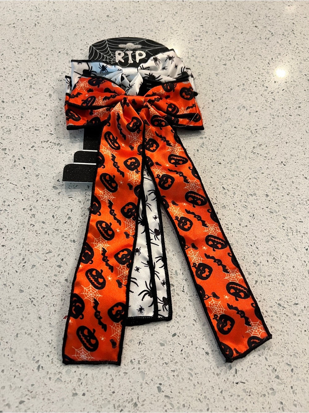 Halloween Bow Hair Ribbon - Orange & White Spider Pumpkin Print